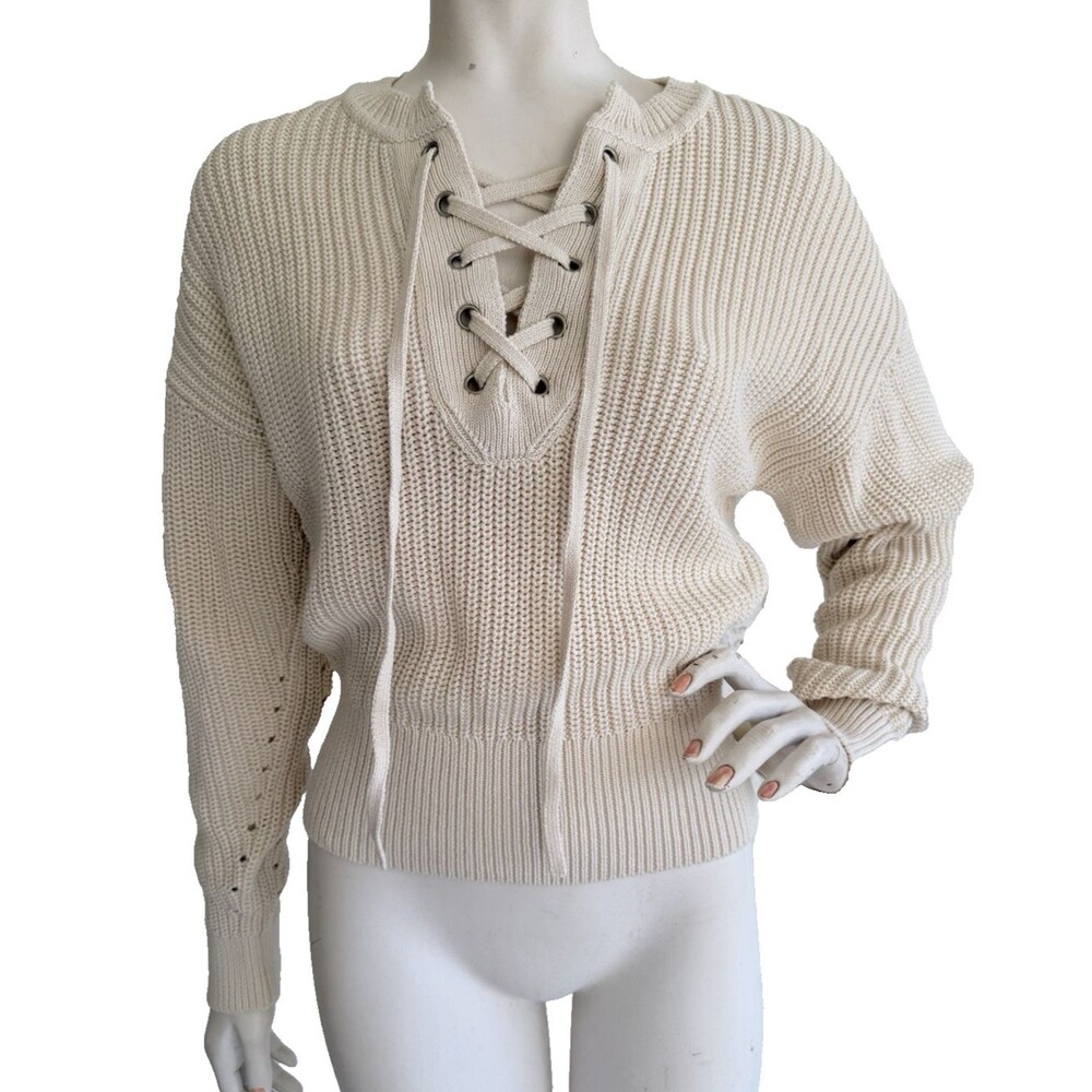 MADEWELL Sweater NWT $98 Ivory Chunky Knit Lace Up Long Sleeve 100% Cotton Sz M